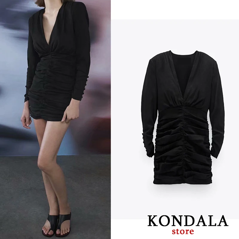 

Women Dress Autumn Sexy Deep V-neck Party Dress Za 2020 Long Sleeve Solid Black Mini Dresses Female Holiday Mujer Vestidos