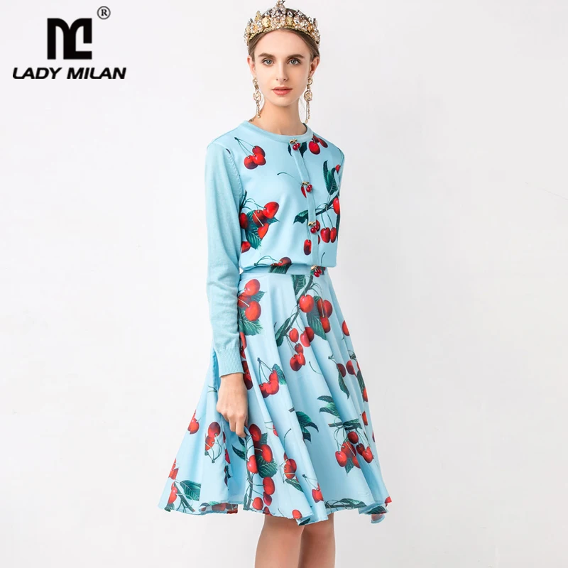 

Lady Milan Women's Runway Suit Twinsets O Neck Long Sleeves Printed Cardigan with Floral Skirts Two Piece Dress Sets