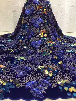 

African Lace Fabric 2019 High Quality royal blue Lace African Velvet Lace Fabric With Sequins Embroidery Nigerian Party Dress