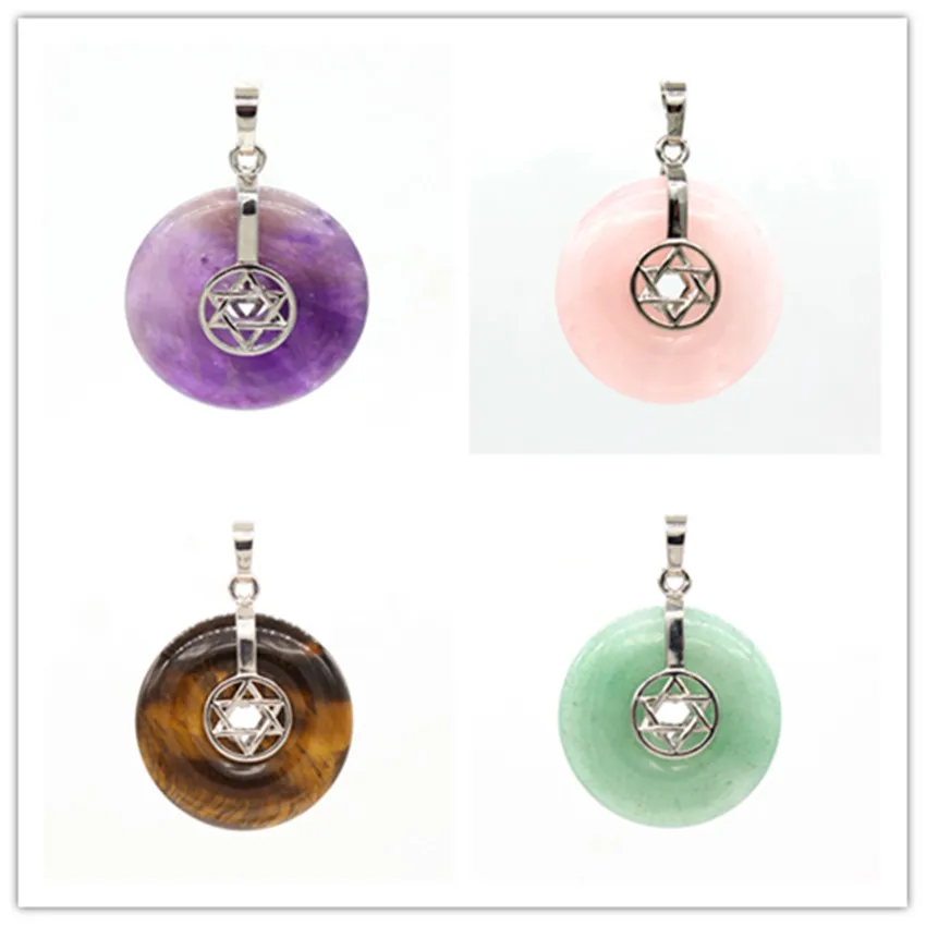 

Kraft-beads Silver Plated Round Hollow with Star of David Amethysts Stone Pendant Green Aventurine Amulet Jewelry