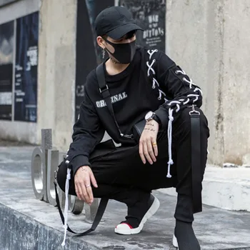

Autumn men personality lace up punk rock hip hop hoodie oversized streetwear men harajuku nightclub DJ stage crewneck sweatshirt