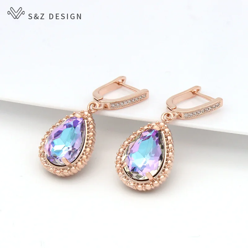 S&Z DESIGN Vintage Water Drop Crystal Dangle Earrings For Women Wedding Jewelry 585 Rose Gold Color Eardrop Fine Luxury Gift