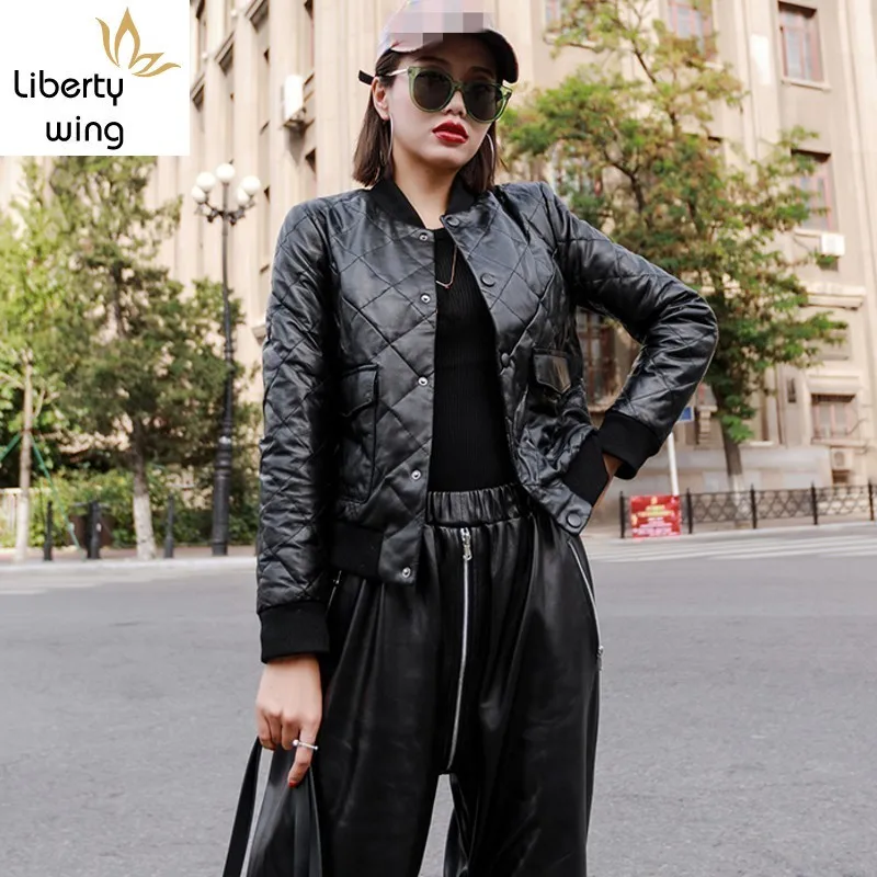 

Fashion Short Baseball Uniform Womens Thick Warm Sheepskin Down Jackets Long Sleeve Pockets Slim Casual Genuine Leather Coats