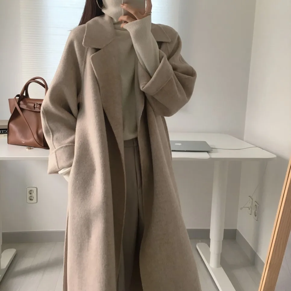 Women's Jacket 2021 Autumn and Winter Long Wool Coat with Belt Solid Color Long-Sleeved Chic Slim Down Shoulder Coat long puffer jacket