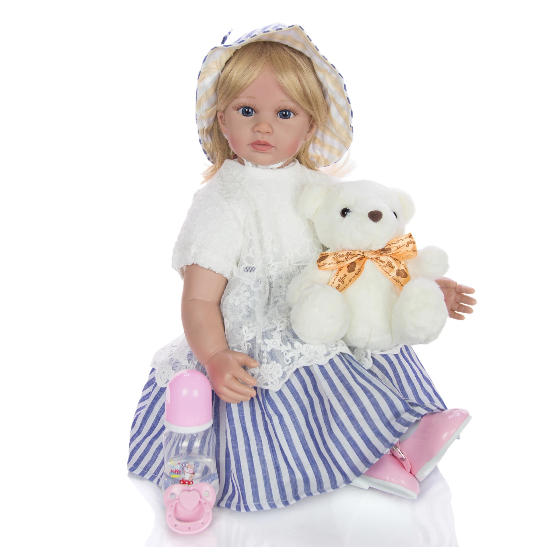 24 Inch Reborn Dolls 60 cm Elegant Princess blond girl reborn toddler silicone baby doll stuffed body with hat bear plush gift 24 Inch Reborn Dolls 60 cm Elegant Princess blond girl reborn toddler silicone baby doll stuffed body with hat bear plush gift