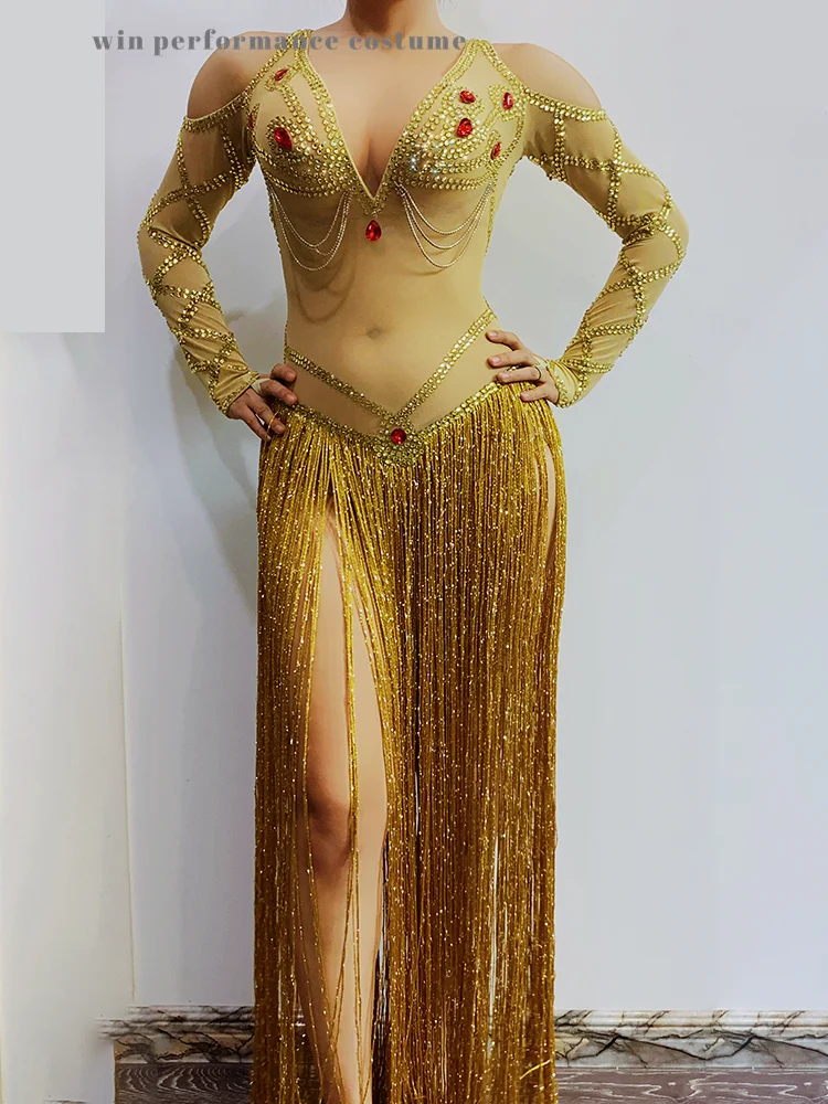 Tanie Niestandardowe seksowna siatka złoty frędzel egzotyczne Indian do tańca, długa sklep