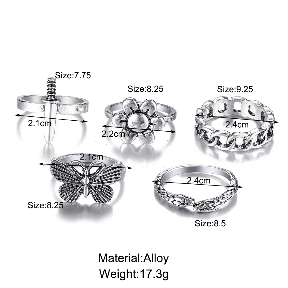 Punk Gothic Heart Ring Set for Women Black Dice Vintage Spades Ace Silver Plated Retro Rhinestone Charm Billiards Finger Jewelry