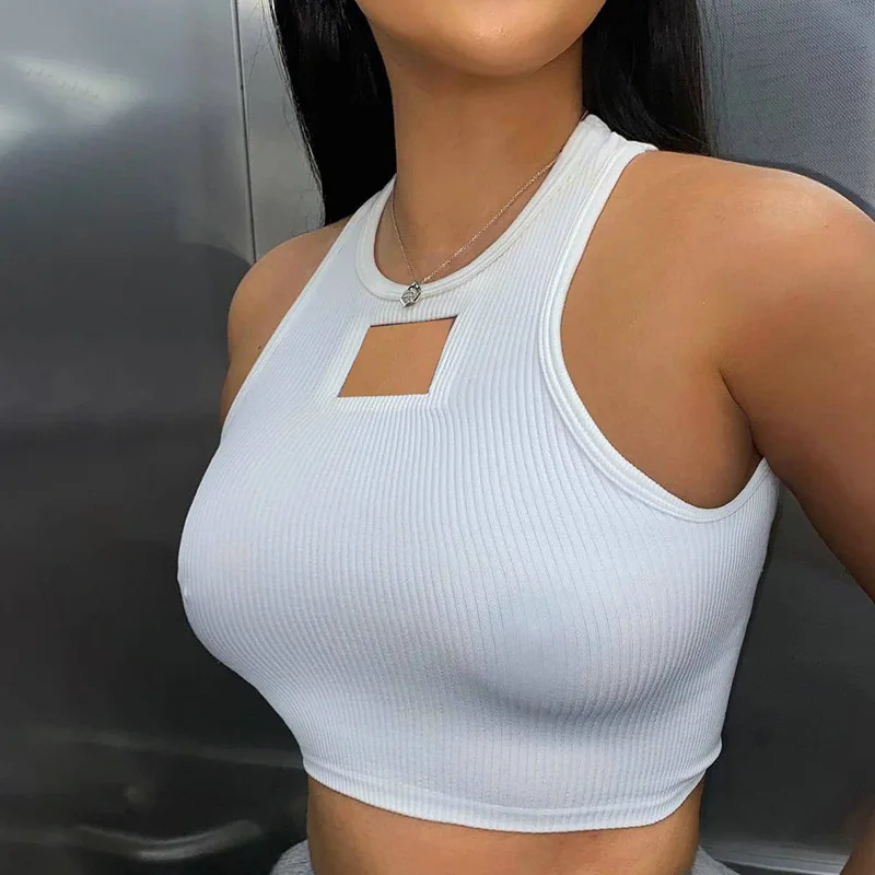 2021 Summer Sexy Hollow Out Ribbed Cropped Tank Tops Athleisure Fashion Basic Hollow Out White Crop Top Women Club Wear Outfits 1