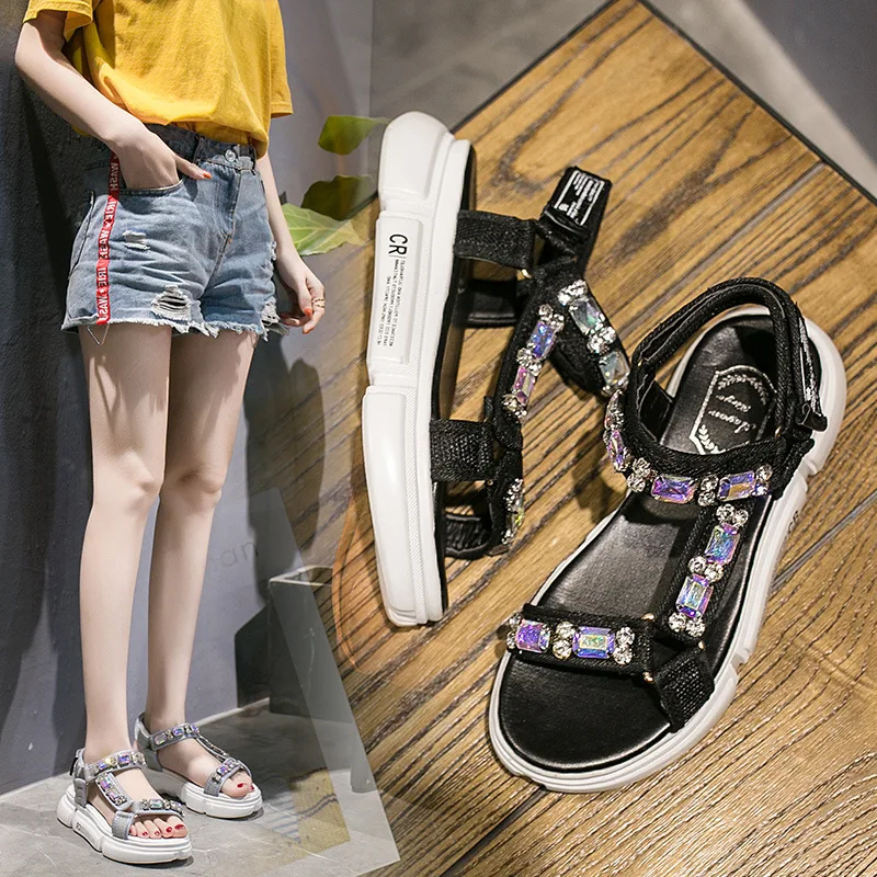 

New Style Summer Casual Rome Sandals Fashion Man-made Diamond Anti-slip Sandals Versatile Thick Bottomed Women's Platform Shoes