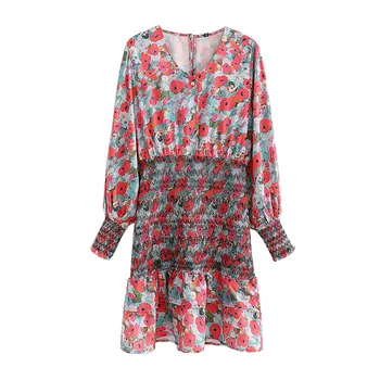 

Women elegant floral print dress elastic waist V neck long sleeve female casual retro mini dresses vestidos mujer