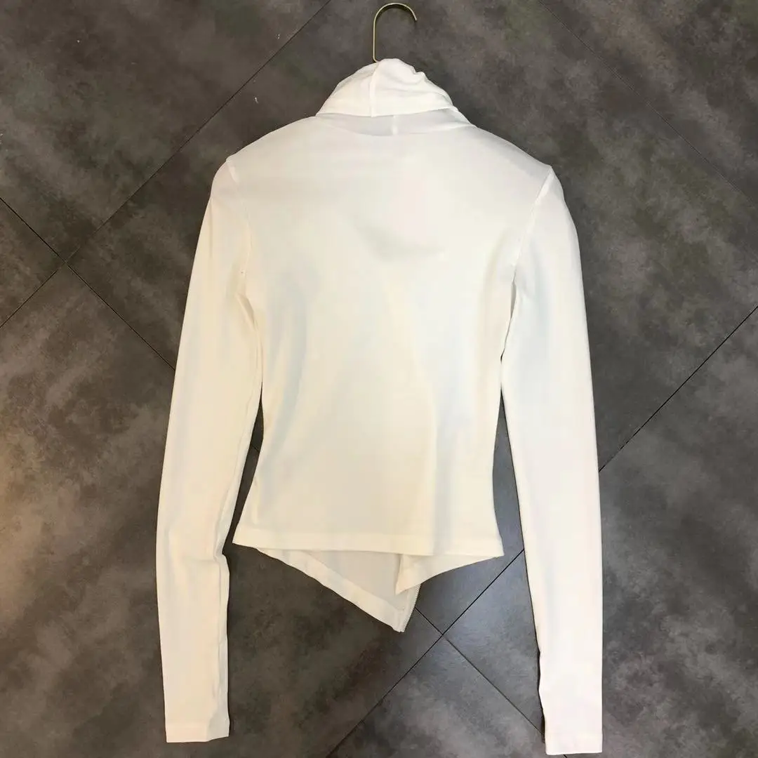 New Winter T Shirt Long Sleeve High-necked Long-sleeved Zipper Decoration Shirt Female Backing Hollow Chest