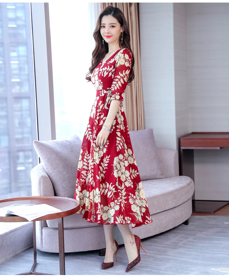 High Quality Plus Size Spring New Vintage Collect Waist 3/4 Sleeve Woman Long V Neck Chiffon Dress DC969