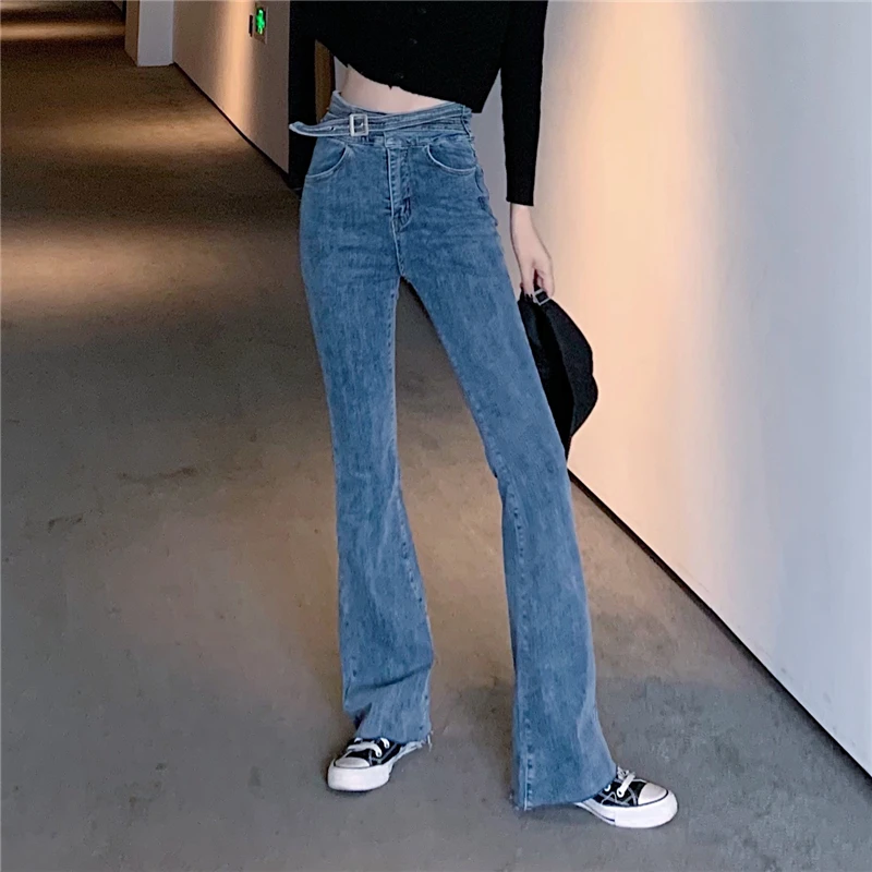 Женские узкие расклешенные джинсы с высокой талией стрейч деним женский колокольчик обтягивающие брюки и длинные джинсовые брюки
