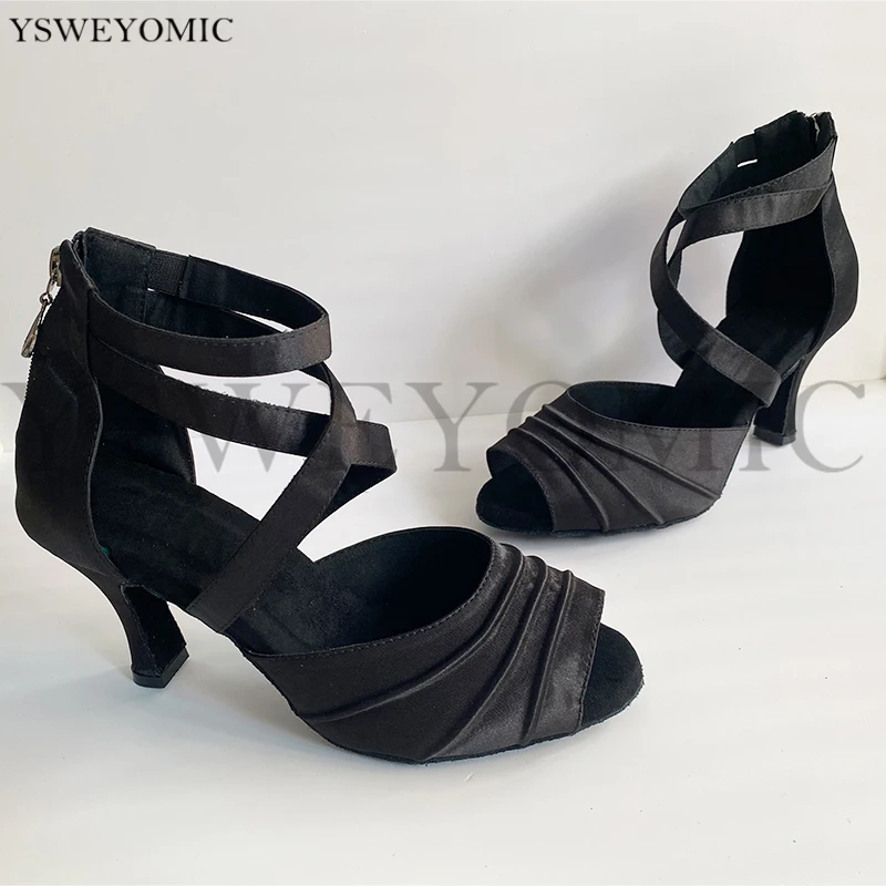 Salsa Women Dance Shoes Suede Outsole Medium Heel 7cm Black Satin Latin Ballroom Dance Shoes