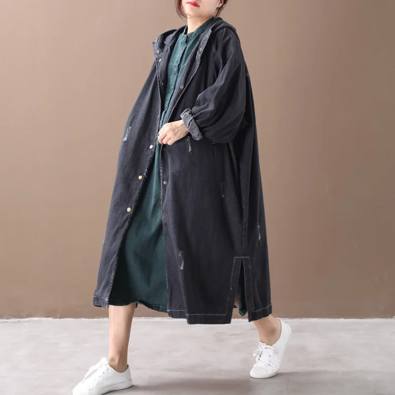 

Qi Juan Draw Autumn Clothing 2019 New Style Korean-style Loose And Plus-sized Literature And Art Washing Slit Hooded Frayed Deni