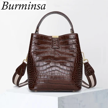 

Burminsa Vintage Crocodile Pattern Women Genuine Leather Handbags Wide Strap Female Shoulder Bags Bucket Ladies Messenger Bags