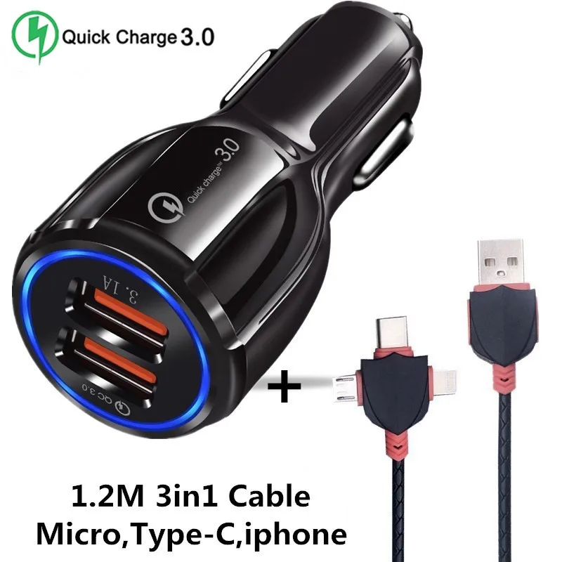 Быстрая зарядка 5 в 3,0 А 3,0 Автомобильное зарядное устройство QC 9 в 12 В 2 3 порта USB Автомобильное зарядное устройство быстрое зарядное устройство мобильный телефон дорожный адаптер Автомобильное зарядное устройство - Тип штекера: Black 2USB and Cable