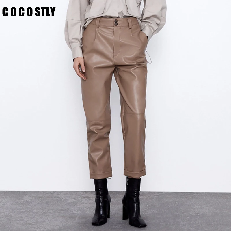 2020 Spring Autumn Fashion PU Faux Leather Straight Pants Women Zipper Pockets Solid High Waist Casual Trousers Female 2020 Spring Autumn Fashion PU Faux Leather Straight Pants Women Zipper Pockets Solid High Waist Casual Trousers Female