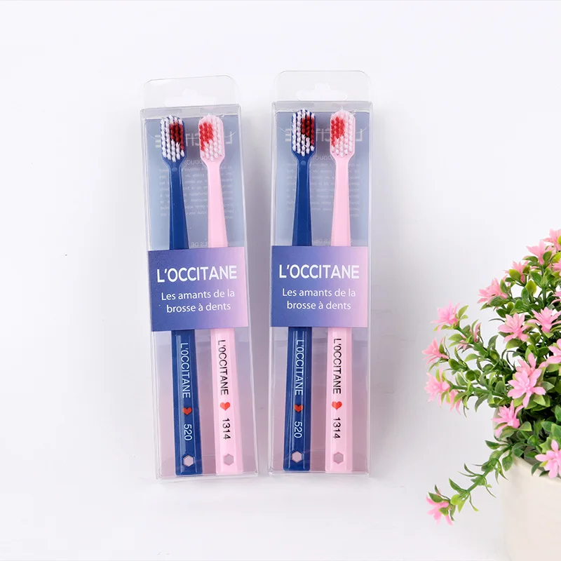 

Creative Love Couples Toothbrush Soft Bristle Adult Small Head Toothbrush Pink And Blue with Tongue Cleaning Crystal Box Finger