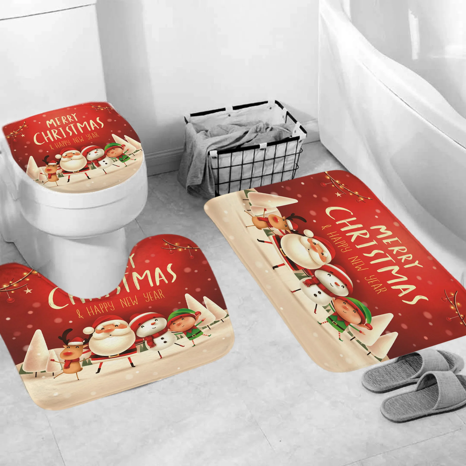 Merry Christmas Santa Claus Print Waterproof Shower Curtain Carpet Cover Toilet Cover Bath Mat Pad 4 Piece Set Bathroom Decor