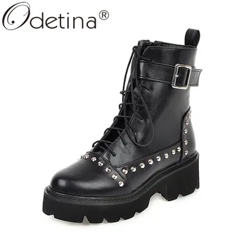 

Odetina Fashion Women Buckle Strap Motorcycle Boots Rivet Zip Up Chunky Mid Heel Lace Up Thick Sole Platform Combat Boot Studded