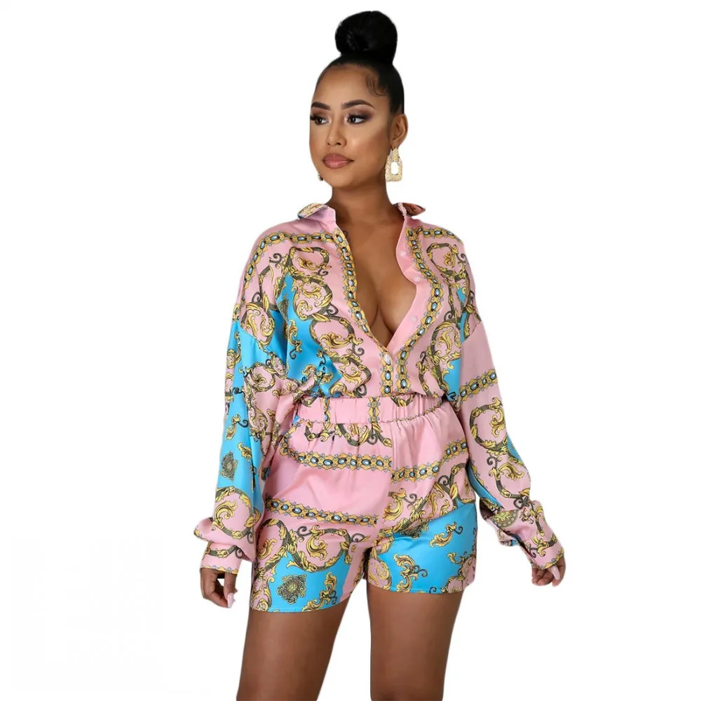 Blouses Two Piece Suit African Dashiki New Fashion Women Single Breasted Long Sleeve Cardigan Shorts Casual Suit Spring Summer