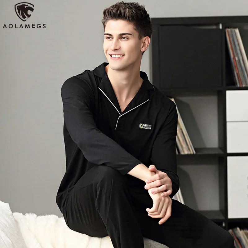 

Aolamegs Men Pajamas Set Cute Solid Color Sleepwear Cotton Soft Turn-down College Style Advanced Casual Male Homewear Autumn