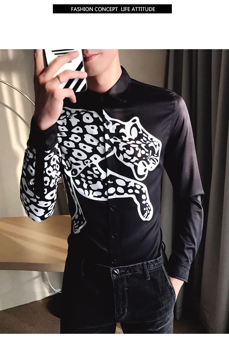 Модная винтажная рубашка с принтом животных MenCamisa Masculina Slim Fit для клубной вечеринки, выпускного вечера, мужская рубашка с принтом Chemise Homme