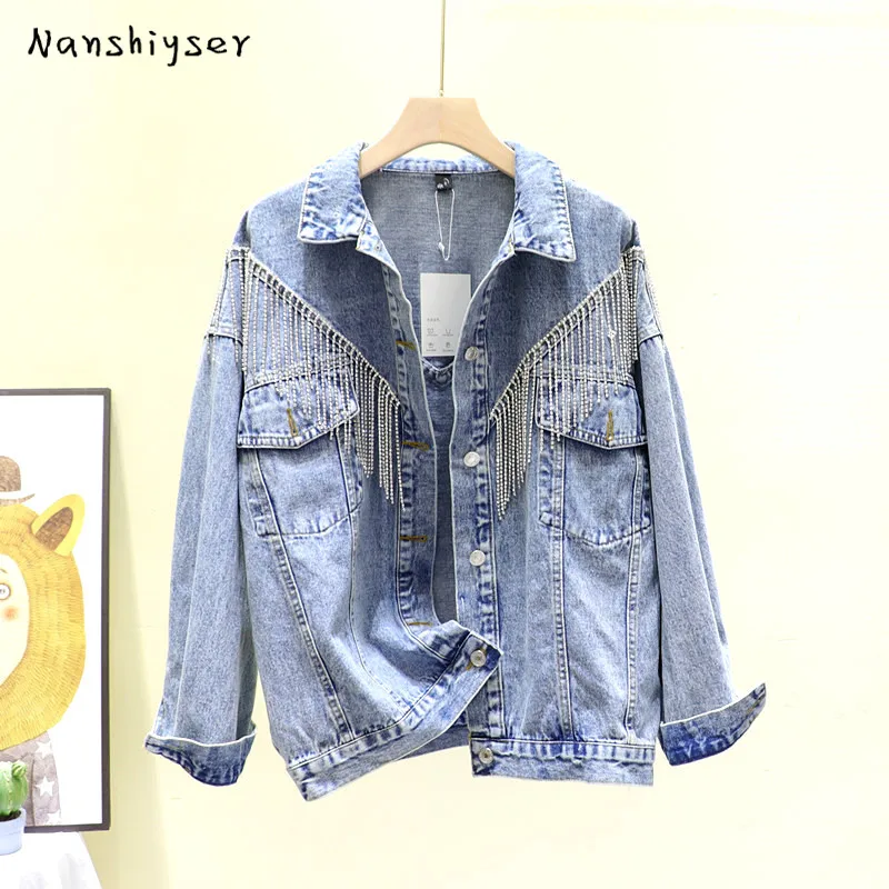 

Heavy work Diamond Tassel Washed Light blue Denim jacket Autumn Loose Plus size Korean Jaqueta jeans feminina Casual Jean jacket