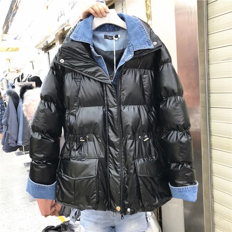 New Denim stitching Women winter jackets Short warm coat Silver bread styl ladies parka winter Thick Cotton Padded coat Outwear