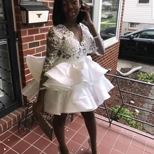 Белое короткое платье выпускного вечера африканская темнокожая девушка сексуальный кружевной топ ручной работы Цветы v-образным вырезом с длинным рукавом Мини платье выпускного вечера