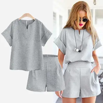 

FMFSSOM Summer Autumn Women Two Piece Set Casual Polyester Tops + Short Soild Female Office Plus Size Suit Set Short Sleeve Sets