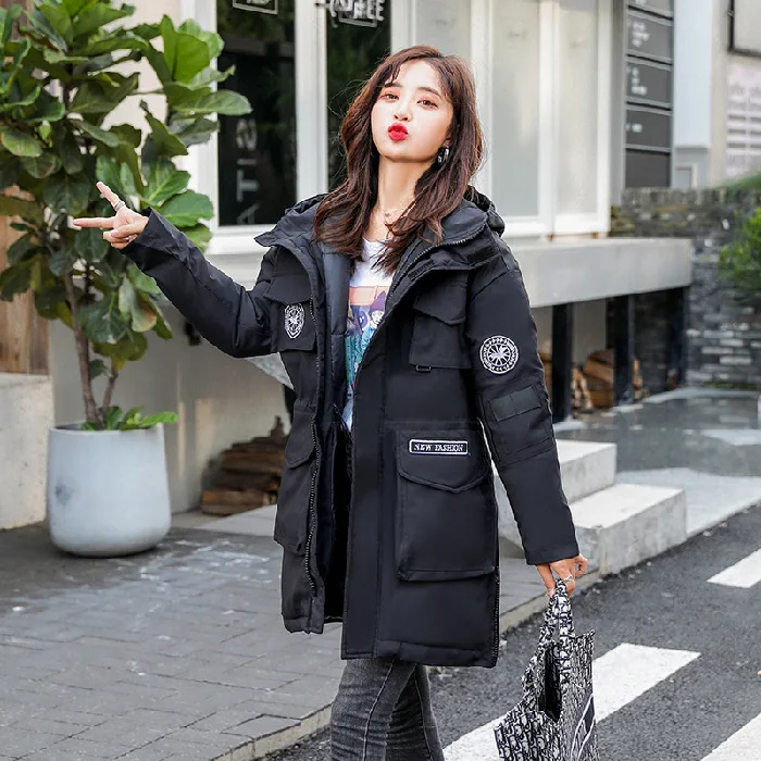 

Photo Shoot South Korea Star Celebrity Style Couples Oversize Workwear down Jacket Women's Mid-length Padded Cotton Jacket