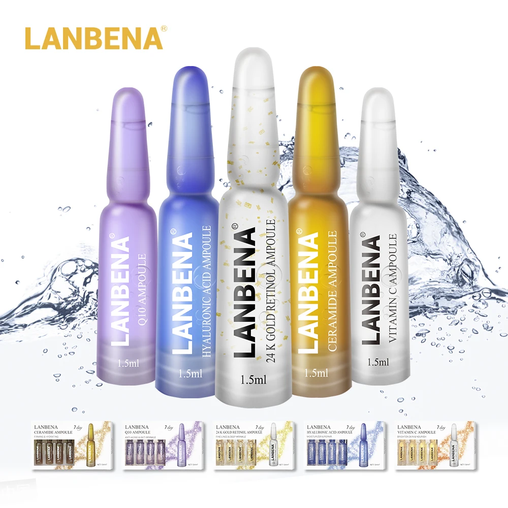 Lanbena ампульная Сыворотка гиалуроновая кислота + 24k золотой ретинол витамин С q10