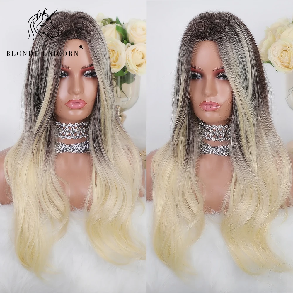 

BLONDE UNICORN Long Synthetic Wig Dark Root Ombre Light Blonde Heat Resistant Hair Wigs for White/Black Women Cosplay Party Wear