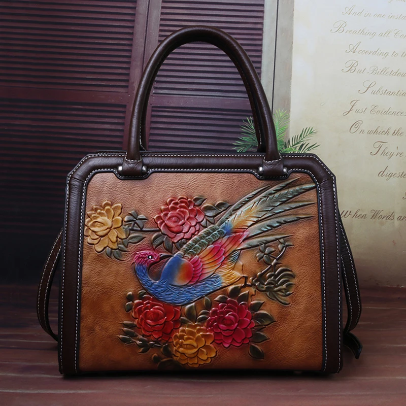 Bolsa do Couro Camada de Couro em Relevo Bolsas de Ombro Genuíno Tote Crossbody Bolsas Floral Fêmea Primeira Mulheres Mensageiro Alça Superior