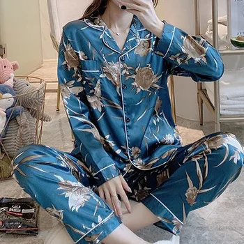 

New Long Sleeve Pajamas Trousers Suit Printing Fashion Pyjamas Set 2020 Cartoon Autumn Ice Silk Women Pajamas Turn-down Collar
