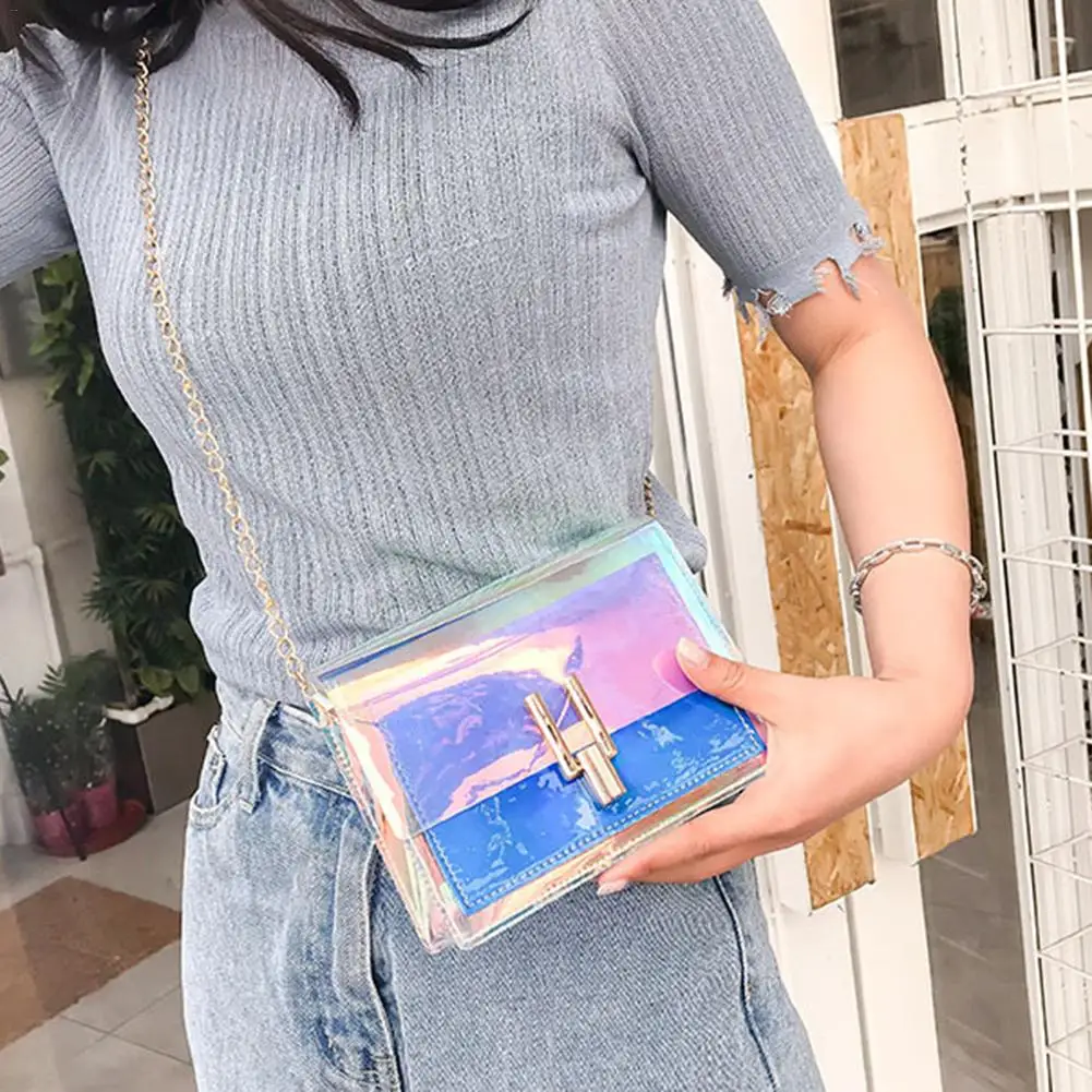 

Women Shoulder Bag Laser Transparent Cossbody Bags Korean Fashion Style PVC Waterproof Chain Mini Square Beach Travel Handbag