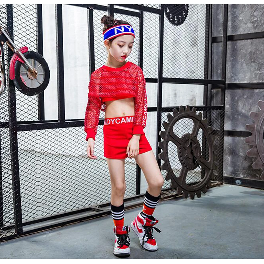3PCS-Girls-Red-Cool-Ballroom-Jazz-Hip-Hop-Dance-Competition-Costume-Tank-Tops-Shorts-Net-Blouse (2)