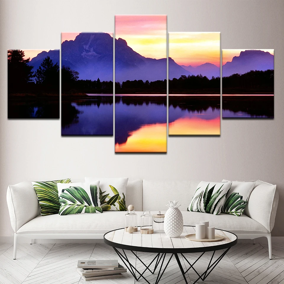 

Five-Piece Set Purple Sky Wall Art Picture Sunset Lake Mountain Landscape Canvas Painting Poster Decor Living Room Without Frame
