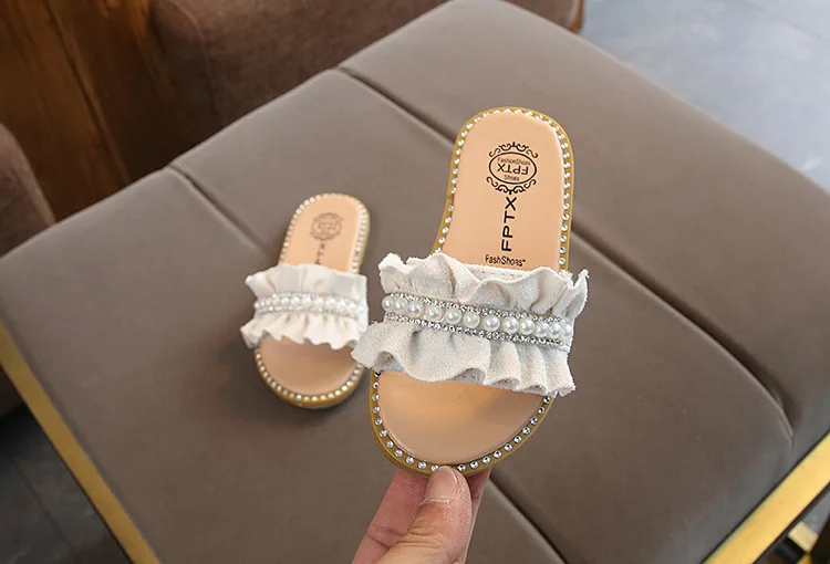 Childrens Shoes Kids Sandals For Toddlers Girls Princess Sweet Soft Pearl Beaded With Rhinestone Girls Slippers Slides 21-30