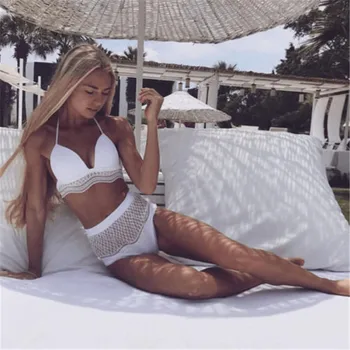 

Women White Lace up Bandage Sexy Bikini Set Swimsuit Brazilian Padded e Swimwear High Waist Thong Bathing Suit Biquinis