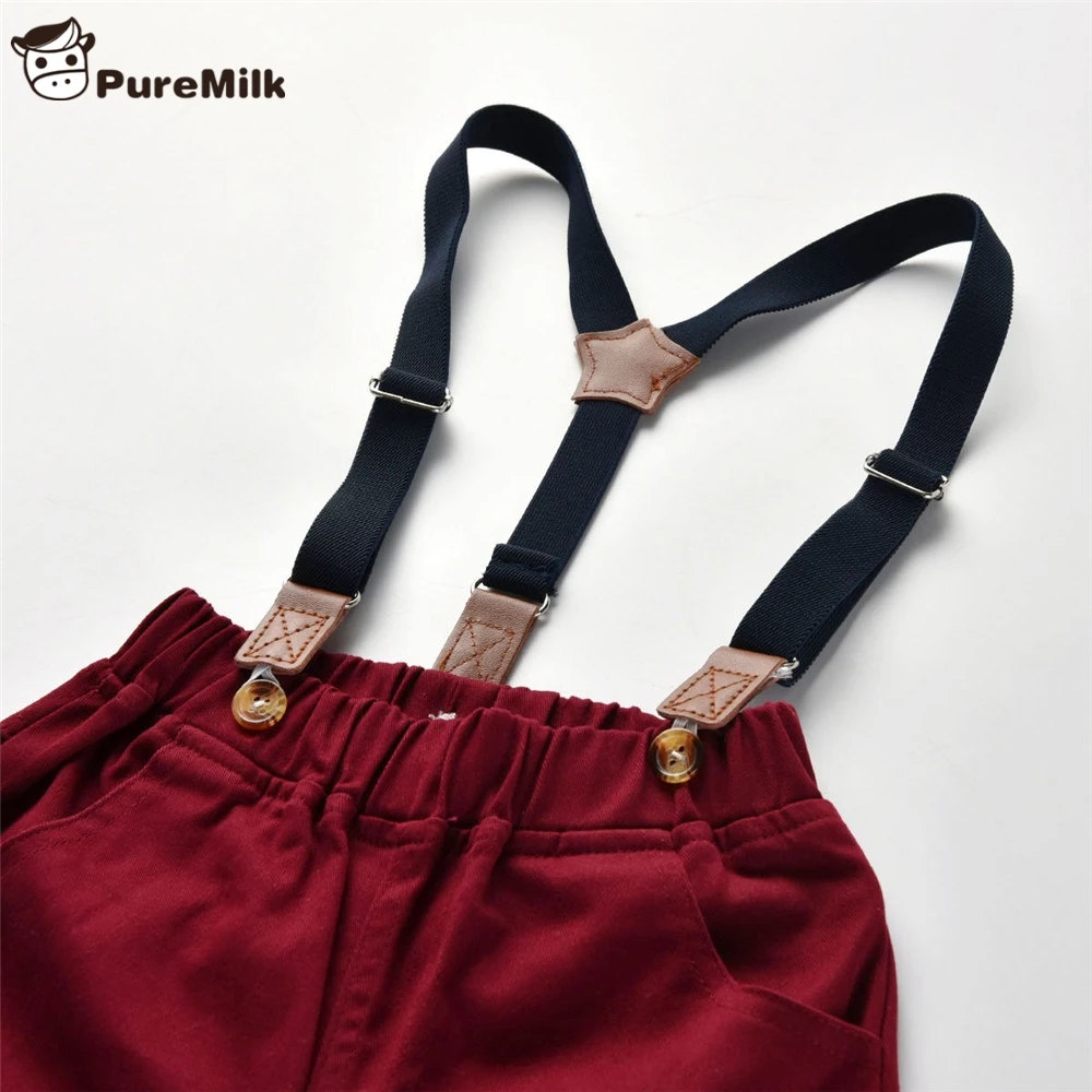 PureMilk/рубашка в горошек с бантом и штаны с подтяжками; комплект повседневной одежды для мальчиков