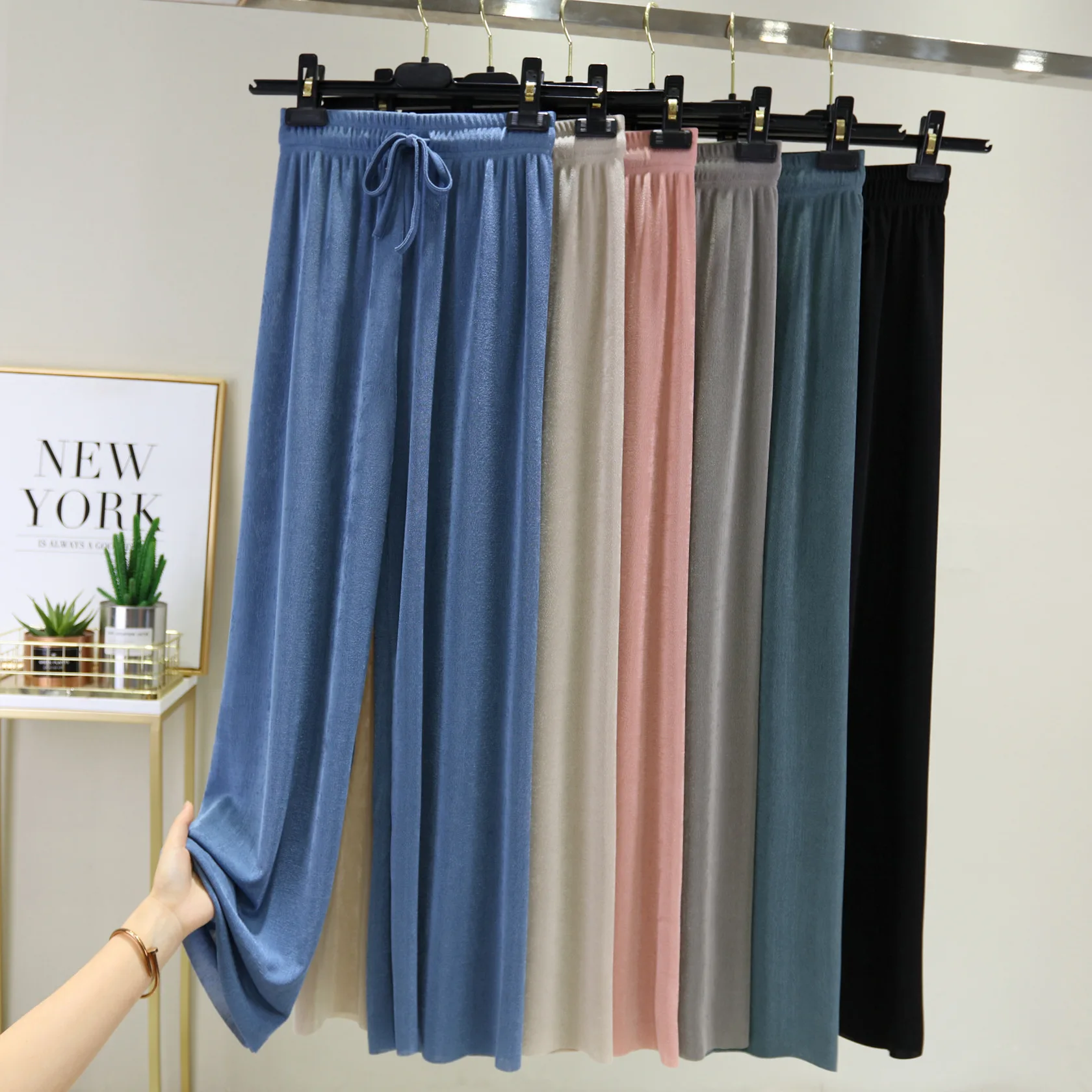 

Ice silk wide leg pants women's spring and autumn high waist drooping feeling slim and loose, straight tube summer thin mop