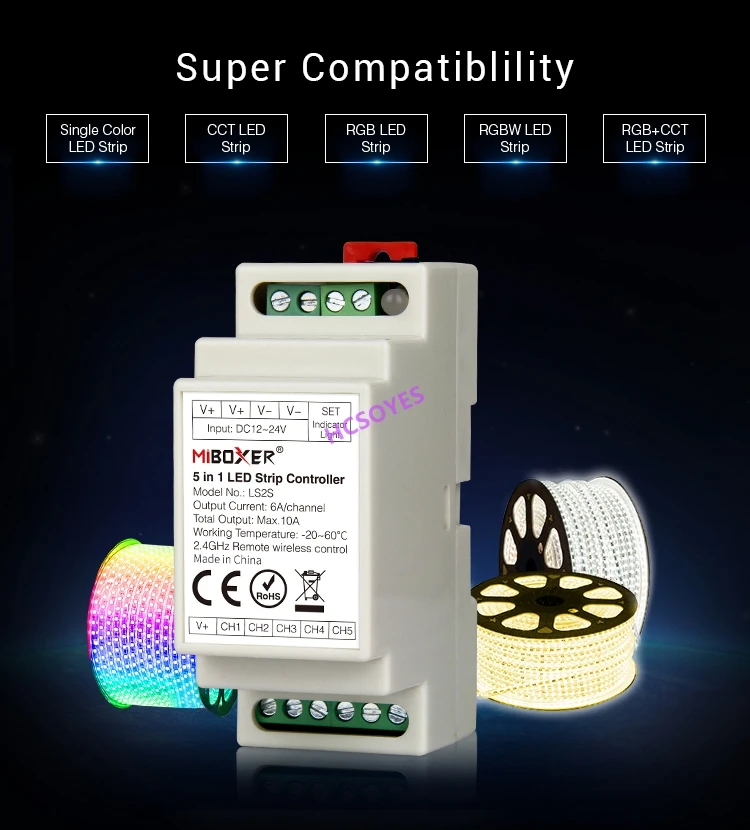MiBOXER DC12V~24V LS2S DIN Rail 5 IN 1 LED Strip Controller for LED Strip light Common anode RGB/RGBW/RGB CCT /single led strip