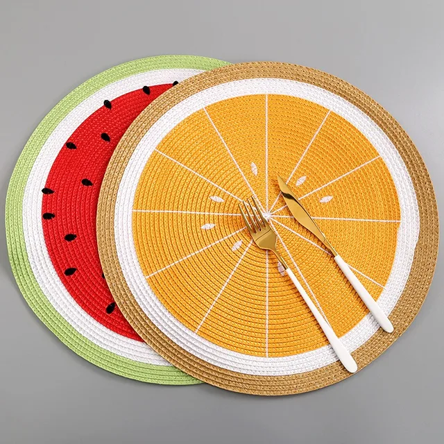 4 Pcs PP Woven Round Placemat Cartoon Fruit Dining Table Plate Mat Watermelon Lemon Drink Coasters Kitchen Accessories 2