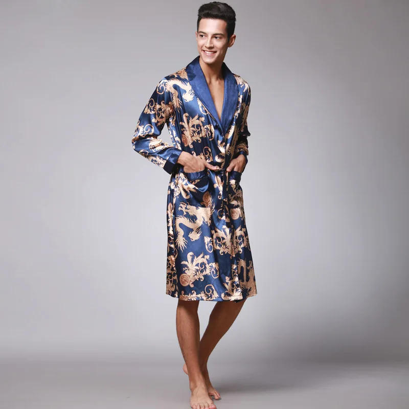 

YHavaton 2019 New Men Lounge Sleepwear Faux Silk Nightwear For Men Comfort Silky Bathrobes Noble Dressing gown Men's Sleep Robes