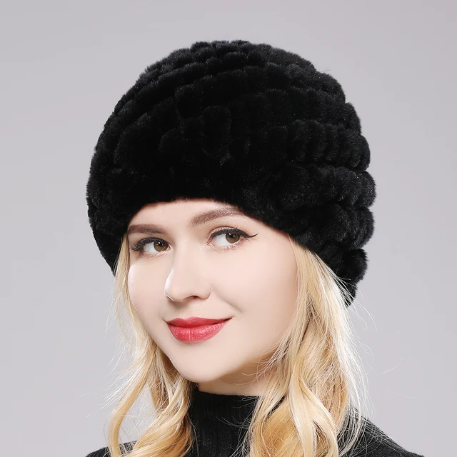 Moteriška žieminė šilta tikra baltųjų triušių kailio skrybėlė 6