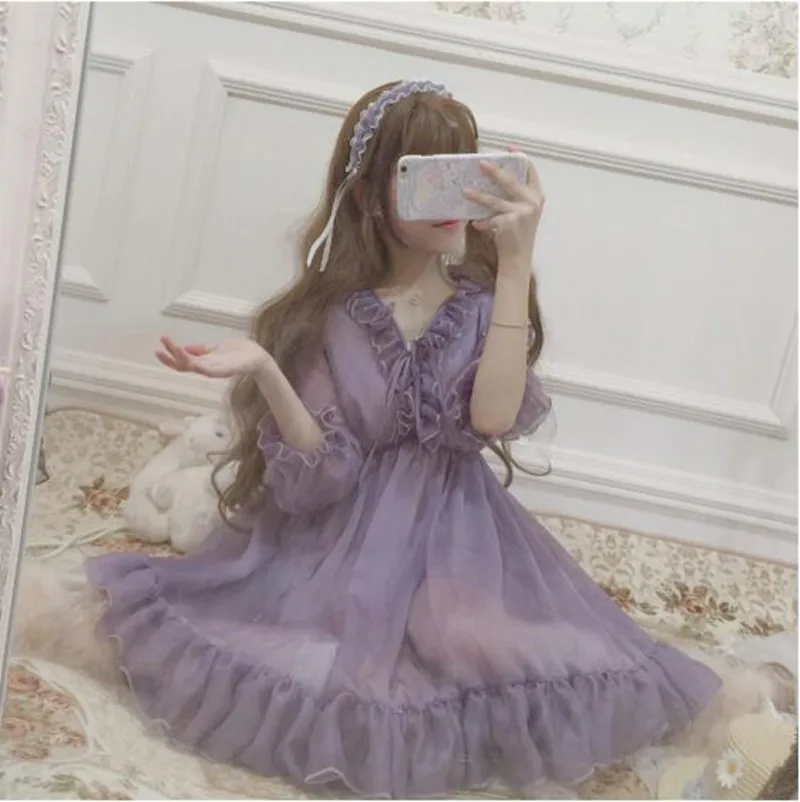 

Tea Party Gothic Lolita OP Loli Cos Sweet Lolita Dress Vintage Palace Lace Ruffled Puff Sleeve Kawaii Girl Victorian Dress