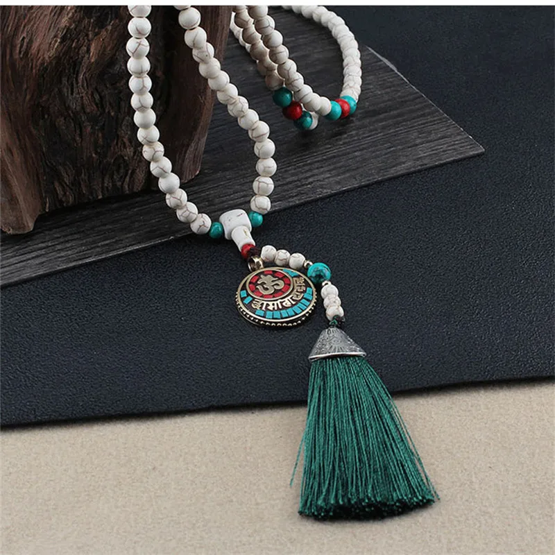 Best Vintage Tibetan Pendant Necklace Ethnic Silk Tassel Prayer White Pine Beads Necklace Boho Nepal Long Sweater Chain Women